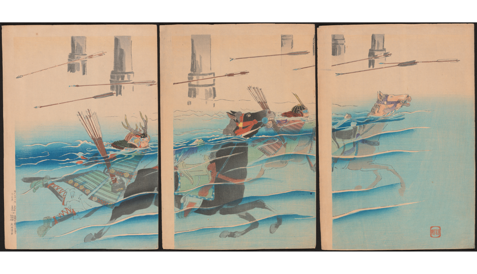 The print depicts two warriors in armor, advancing in the water on horses, during a battle