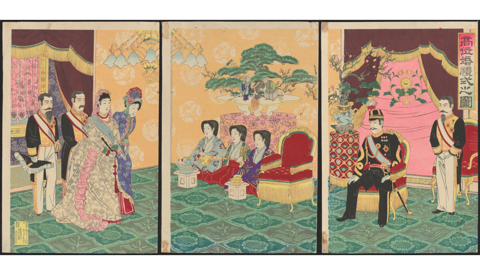 The Japanese print set depicts the ceremonial scene of marriage of very high class couple, possibly the emperor and his would be wife; various traditionally Japanese customs can be observed, and at the same time, Western influences in clothing and decorations are also eminent.