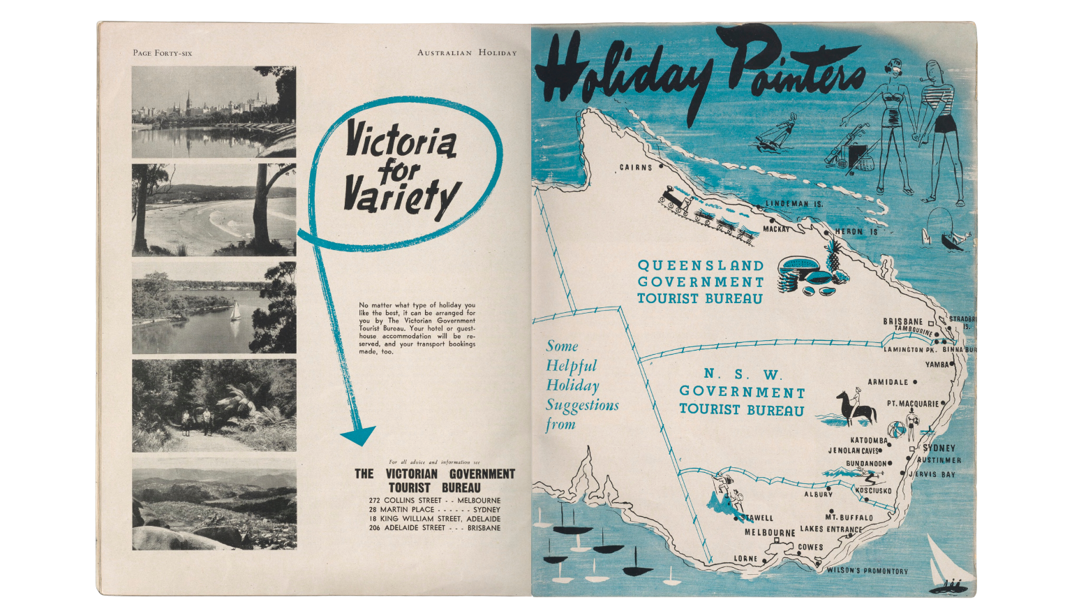double page spread with map of Queensland and NSW with tourist destinations