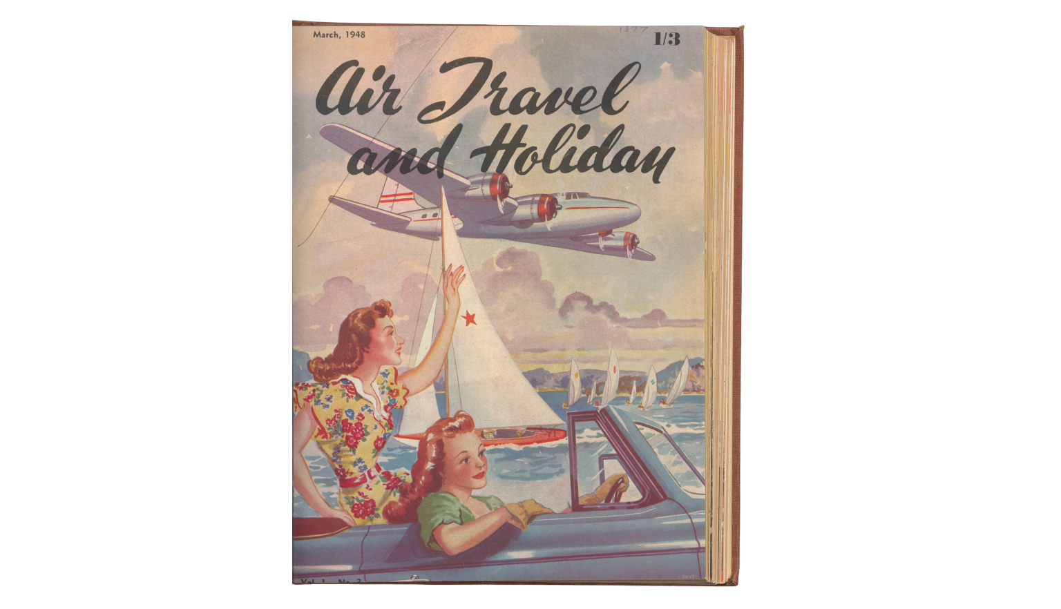 cover of air travel and holiday with illustration of two women in a car and a plant flying overhead