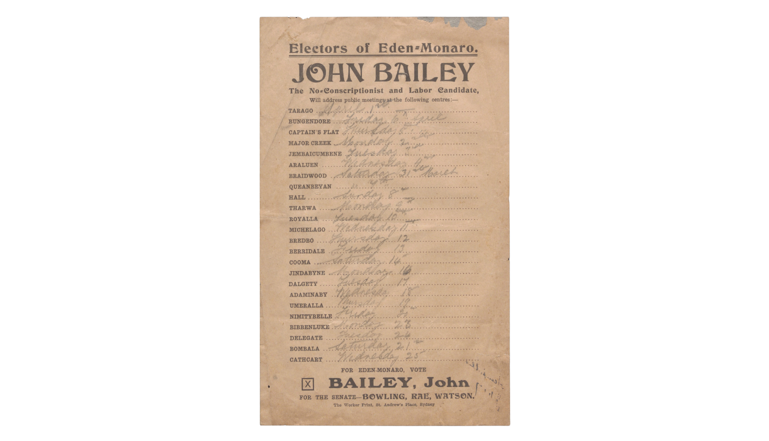 Poster advertising public addresses by John Bailey, no-conscritionist and labor candidate with handwritten dates for various regional locations