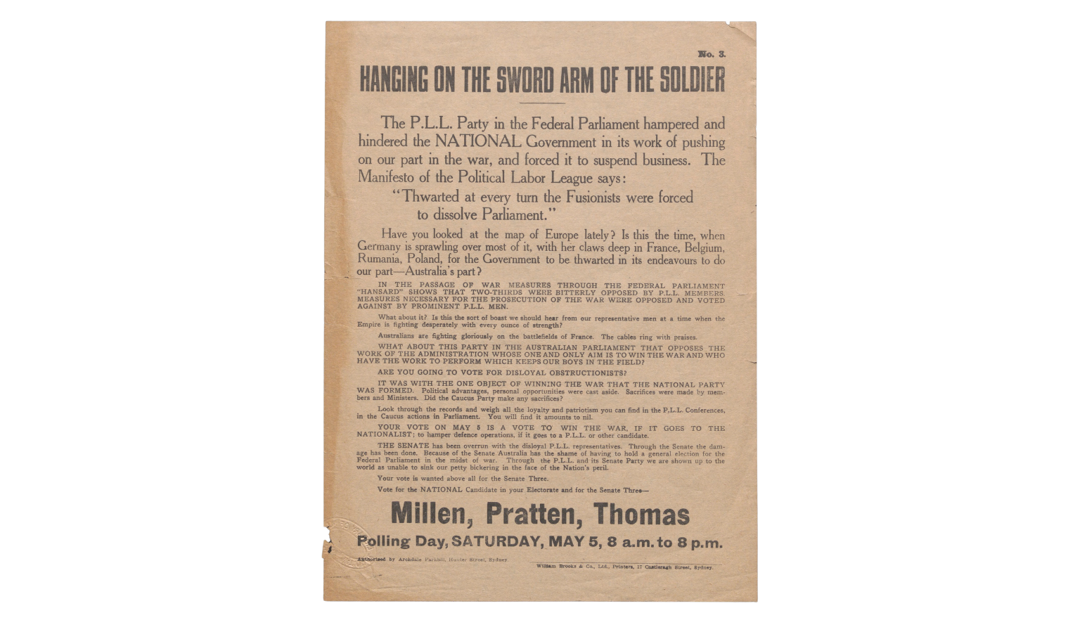 Nationalist Party flyer with headline: Hanging on the sword arm of the solider