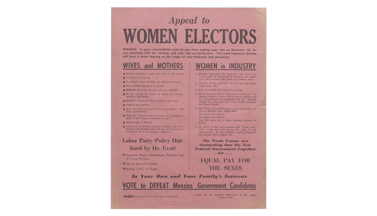 Labor party flyer tiled: Appeal to women electors