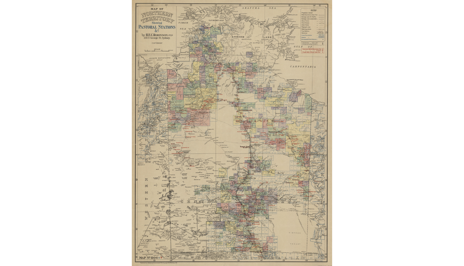 Old, yellowed map of the Northern Territory showing pastoral stations in different colours, many located along or near rivers