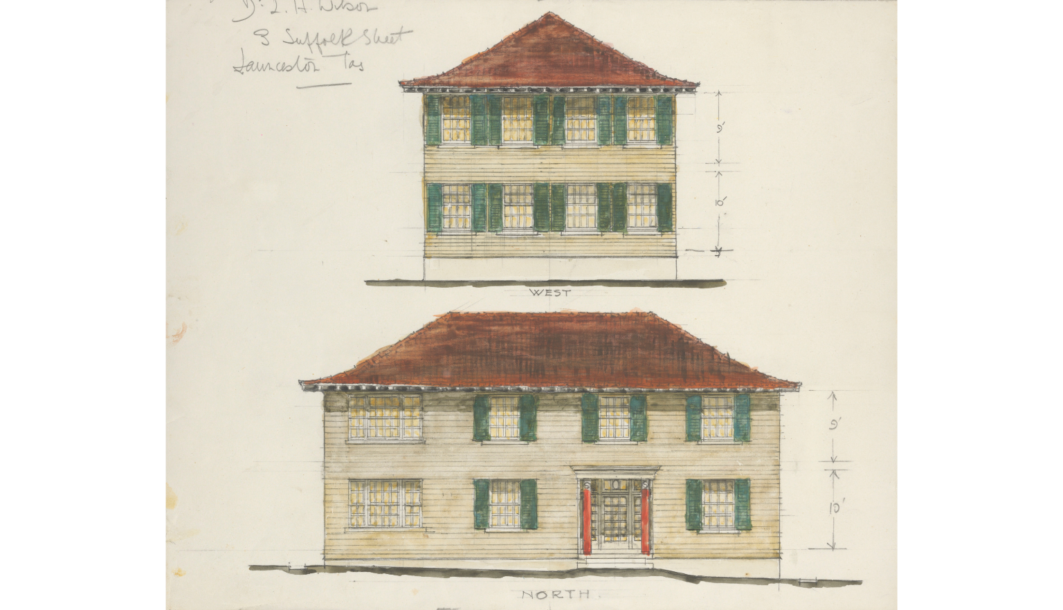 Drawing of a 2 storey house with lots of windows with green shutters viewed from the front and the side