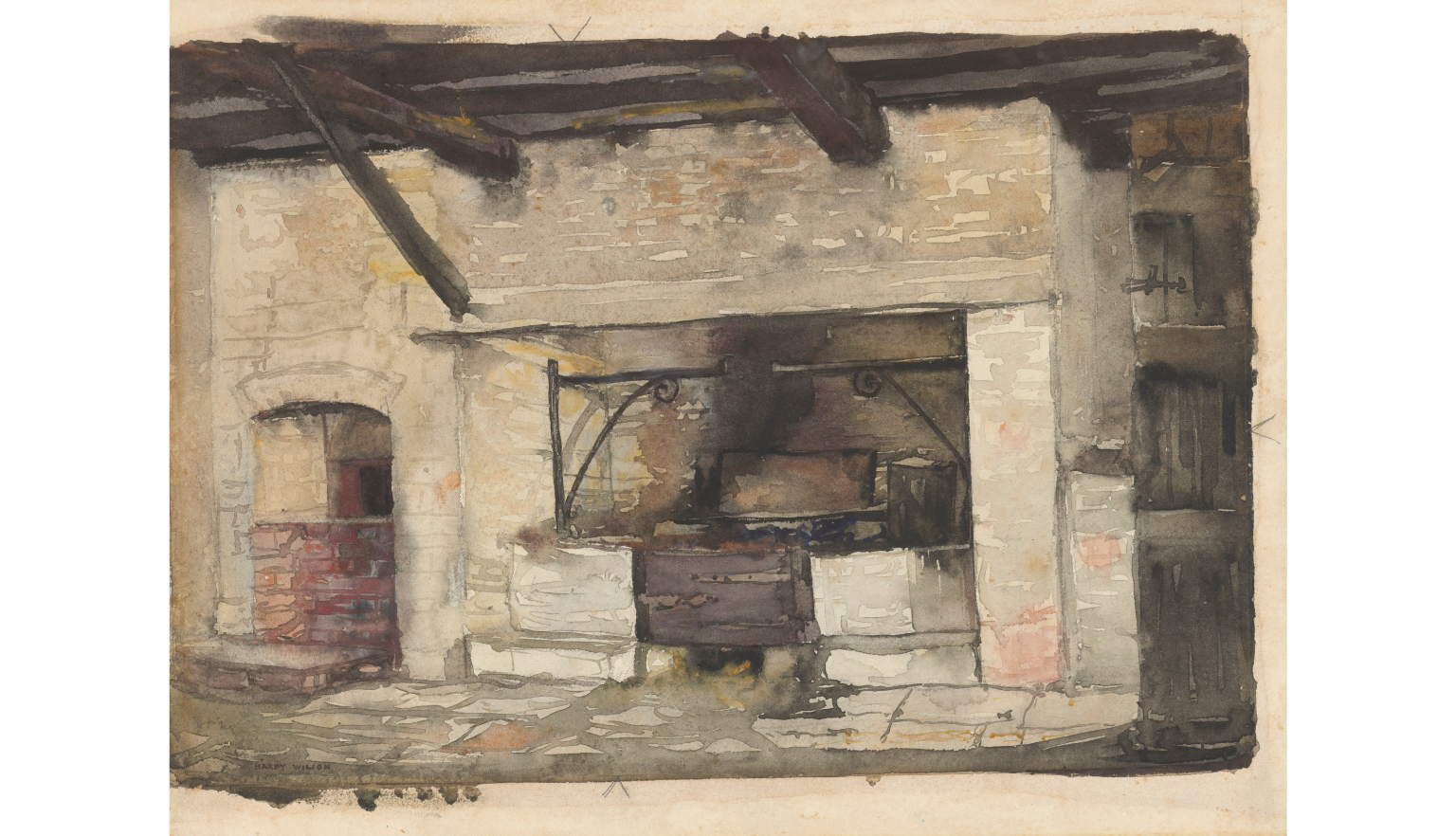 Watercolour painting of a brick kitchen