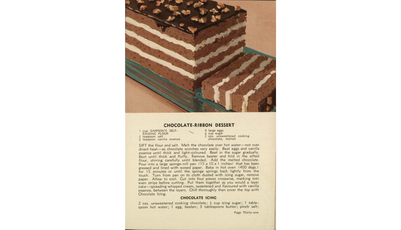 Illustration and recipe for a Chocolate Ribbon Dessert. 