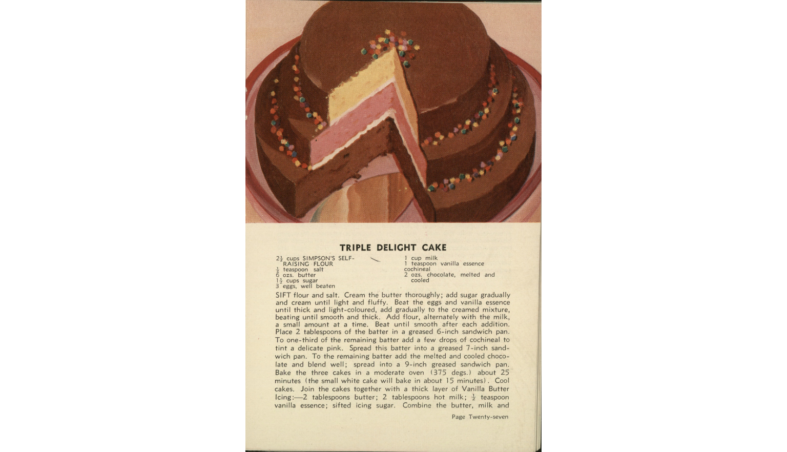 Illustration and recipe for a Triple Delight Cake