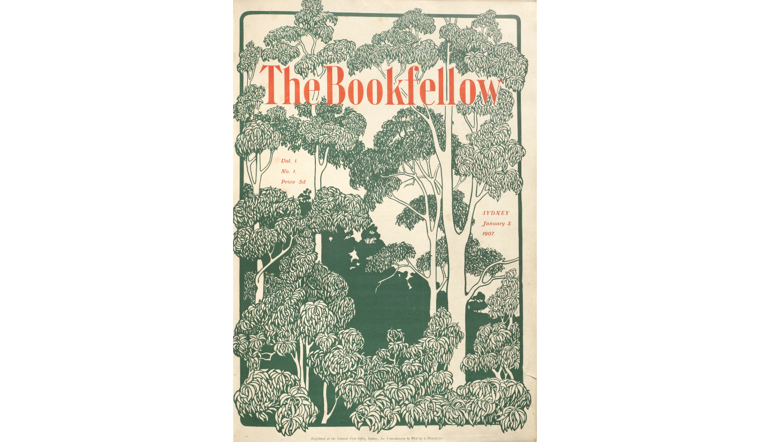 Cover of journal 'The Bookfellow' featring orange text and a green print of gum trees on a cream background