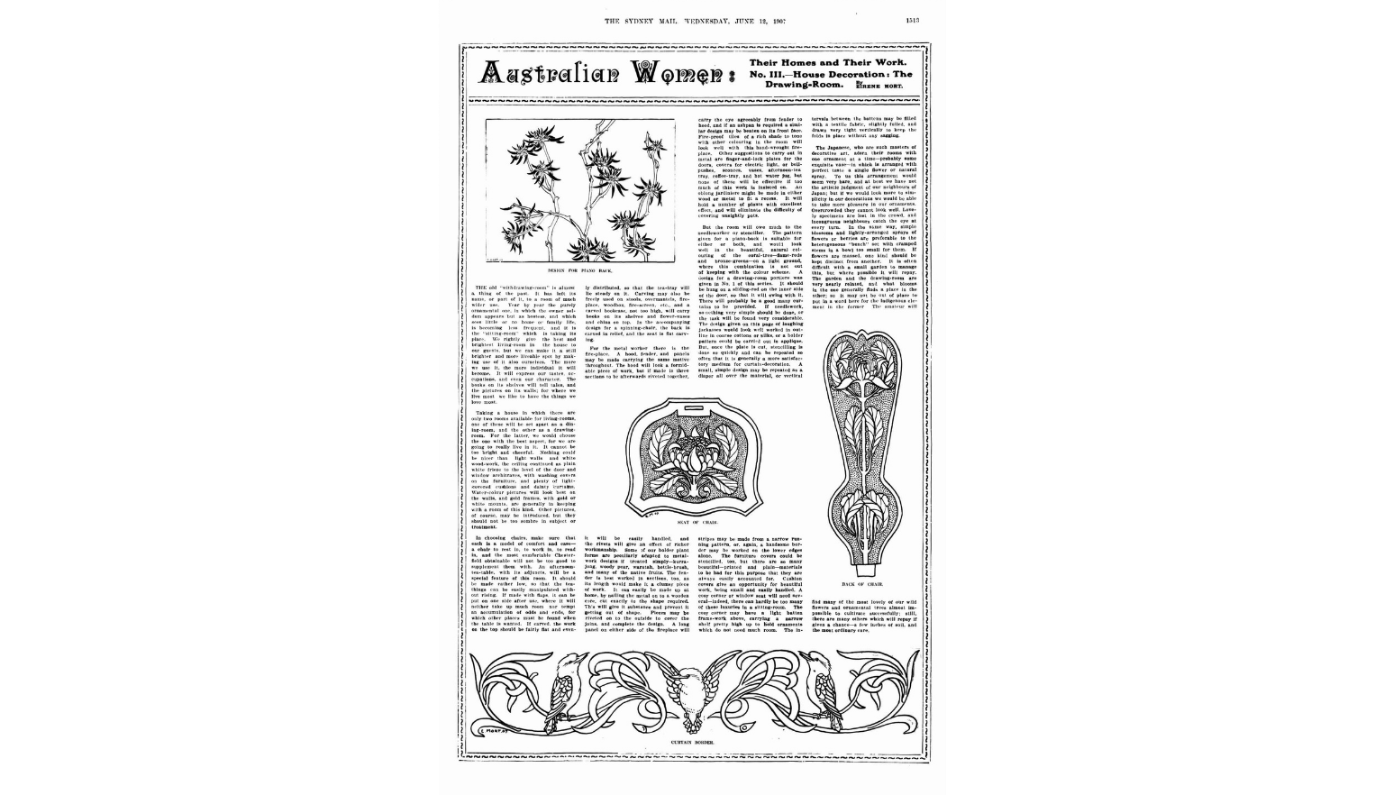 Newspaper article discussing home decorations, including an illustration of a floral design for a piano back and a pattern for a curtain border featuring kookaburras