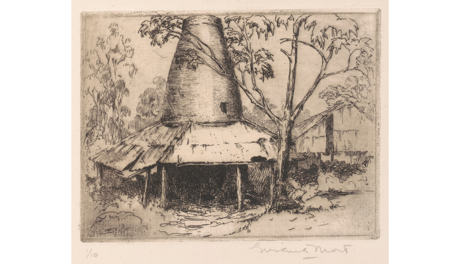Print of 'the Pottery', a building with a large round chimney