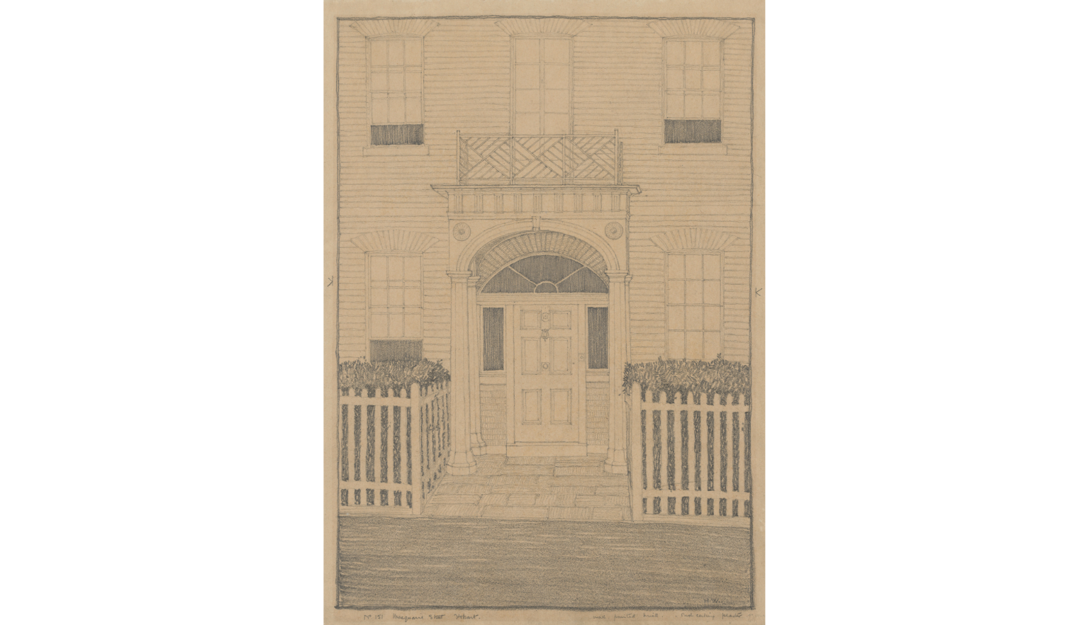 Illustration of the front door of a two-storey building, with hedges and a oicket fence on either side