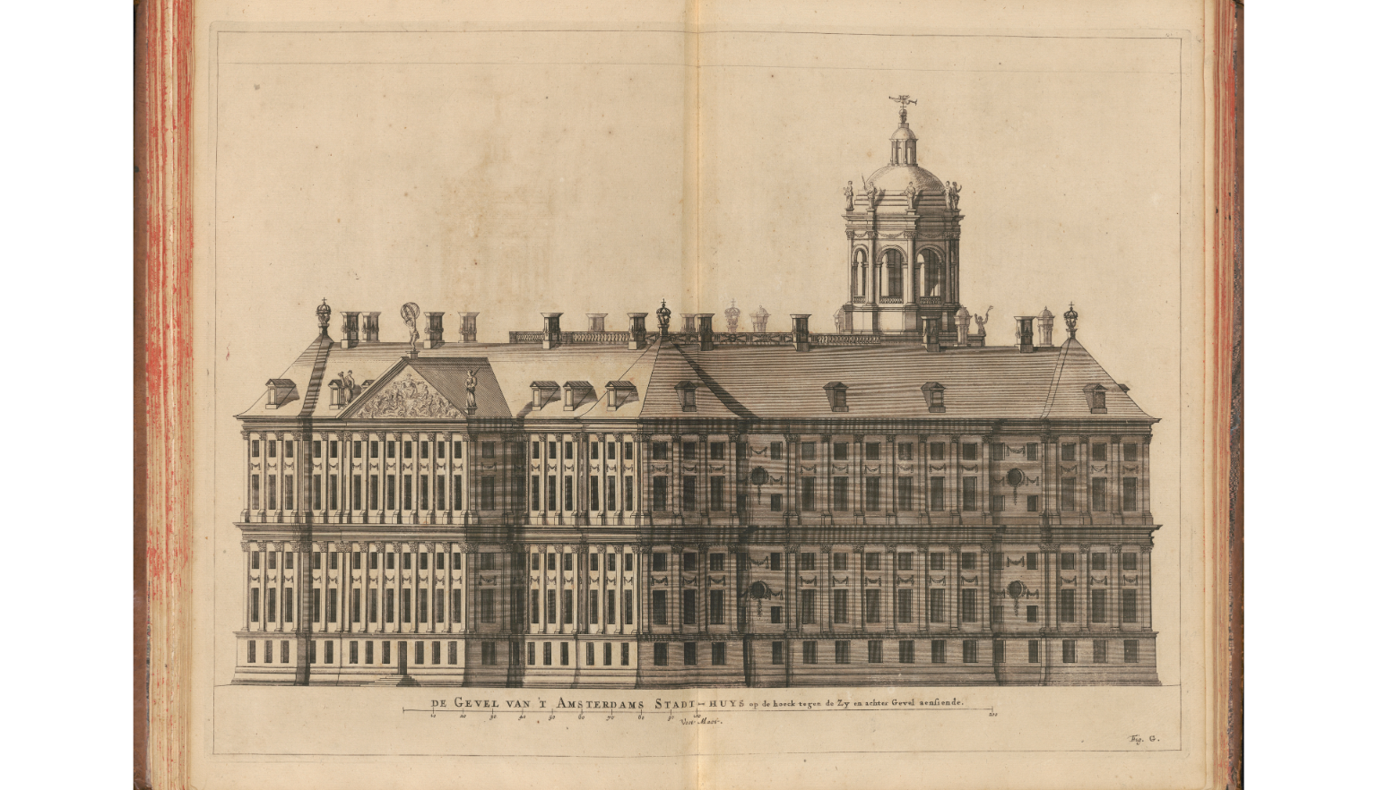 Detailed architctural illustration of a large building with lots of windows and a tower coming up at the back