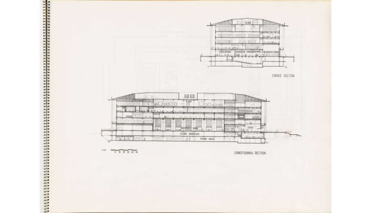 Diagrams showing cross and longitudinal sections of the National Library building, showing the 2 floors below ground and 5 above, with a foyer, stacks, a reference room and office spaces