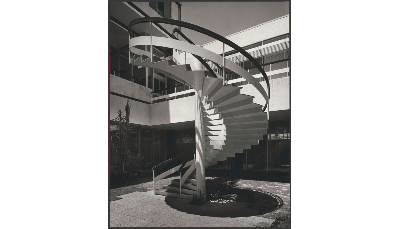 Black and white photo of a spiral staircase