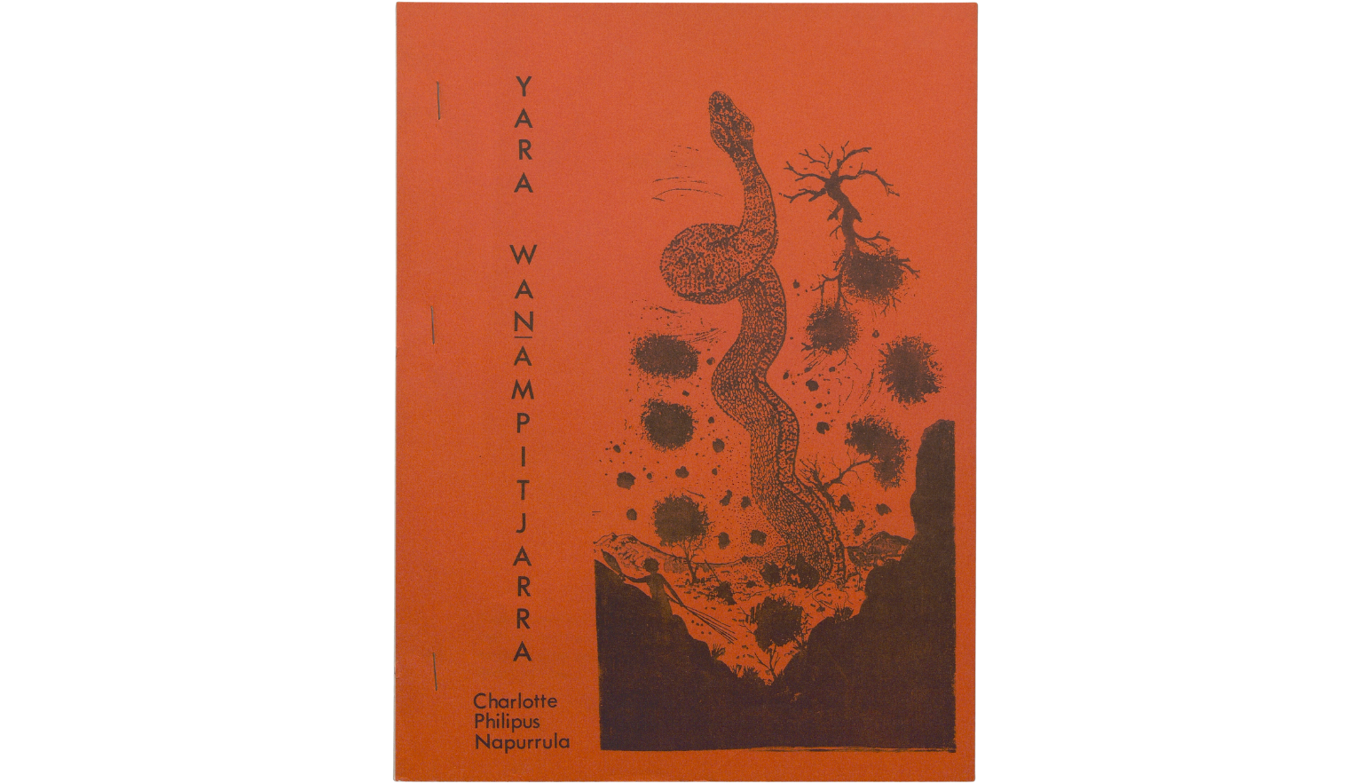 The cover of a book featuring an illustration of a large snake coming out of the ground, uprooting trees, and moving up into the air. A person stands on a hill in the foreground.