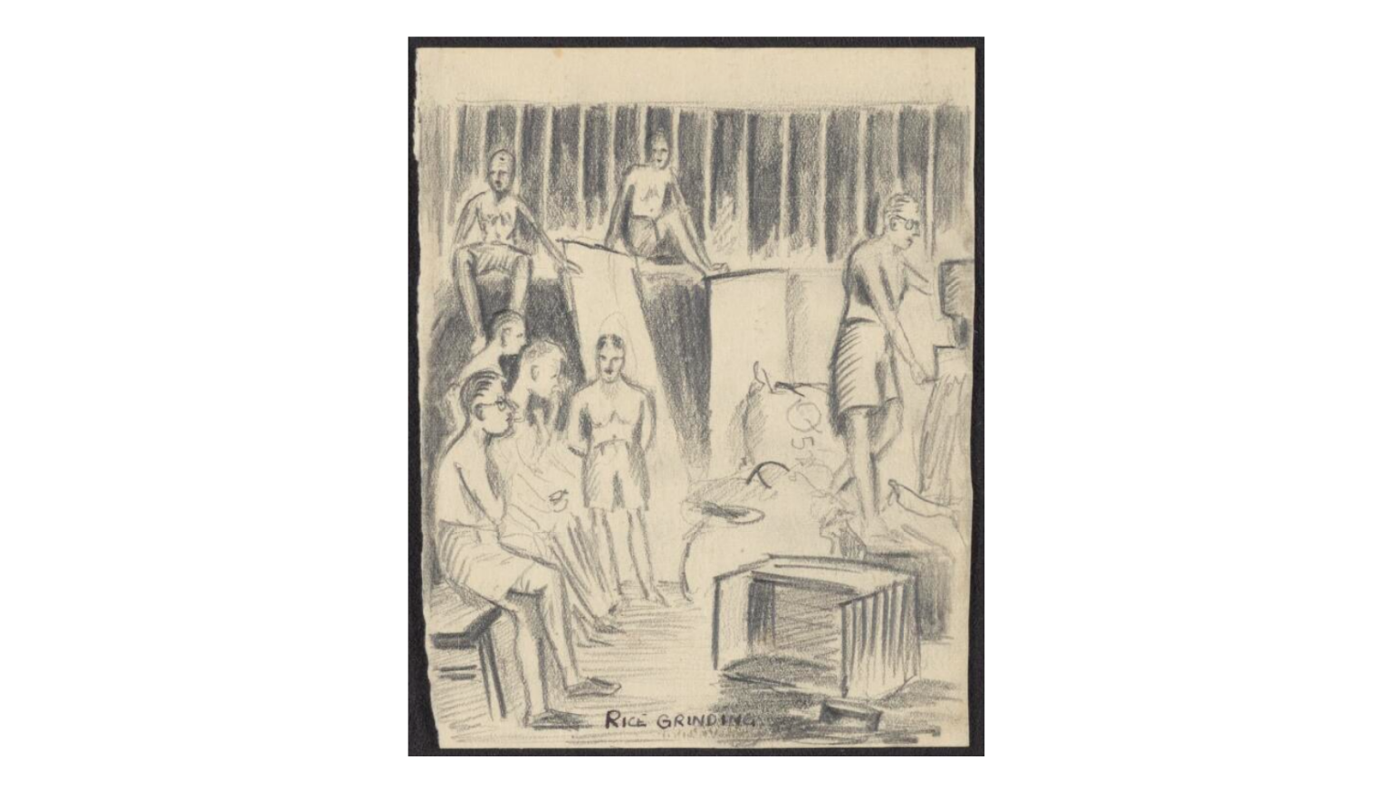 Hand drawn picture of 7 men standing or sitting on various things in a small room