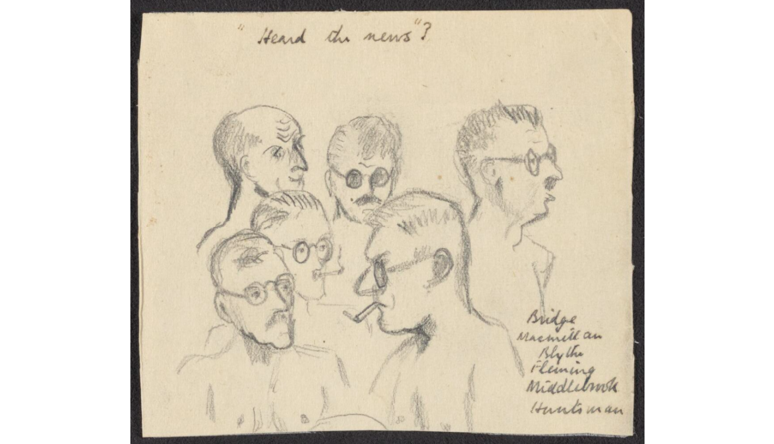 Hand-drawn pencil illustration of 6 men from shoulders up, titled "Heard the news?"
