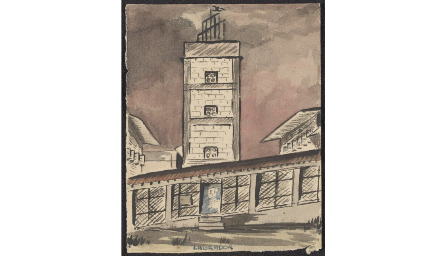 Hand-drawn water colour art of a large tower behind a wall that gets taller as it goes off the page to the right
