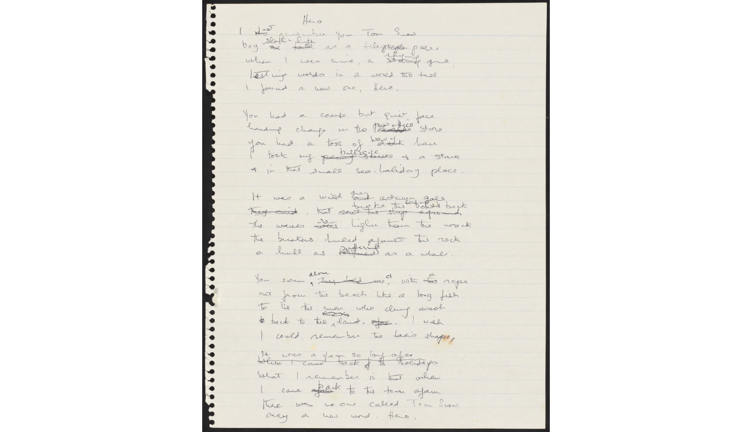 Handwritten poem titled 'Hero' with corrections throughout