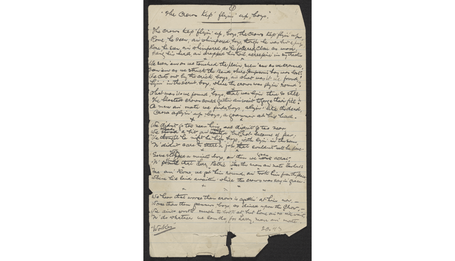 Handwritten poem titled 'The Crows Kep' Flyin' Up, Boys' with corrections throughout