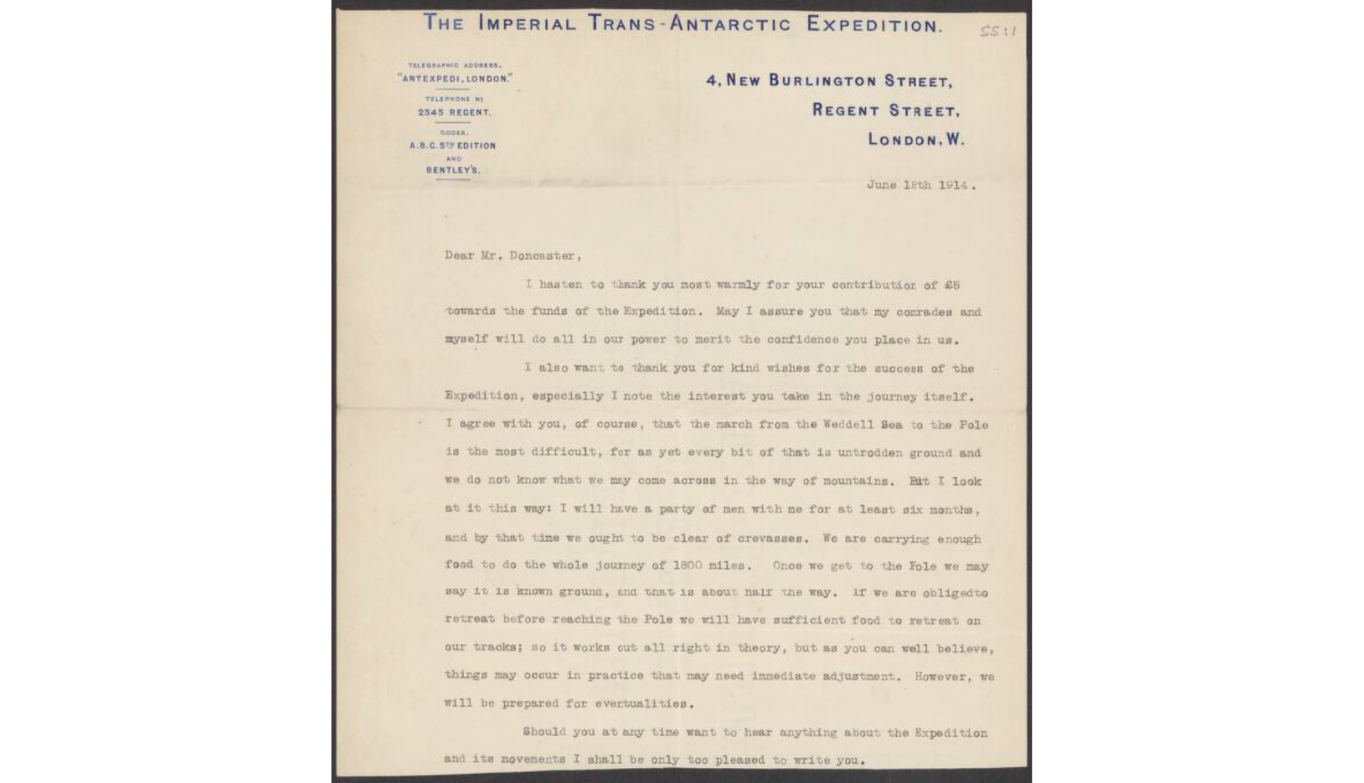 Typed letter to Arthur Doncaster, header noting 'The Imperial Trans-Antartic Expidition