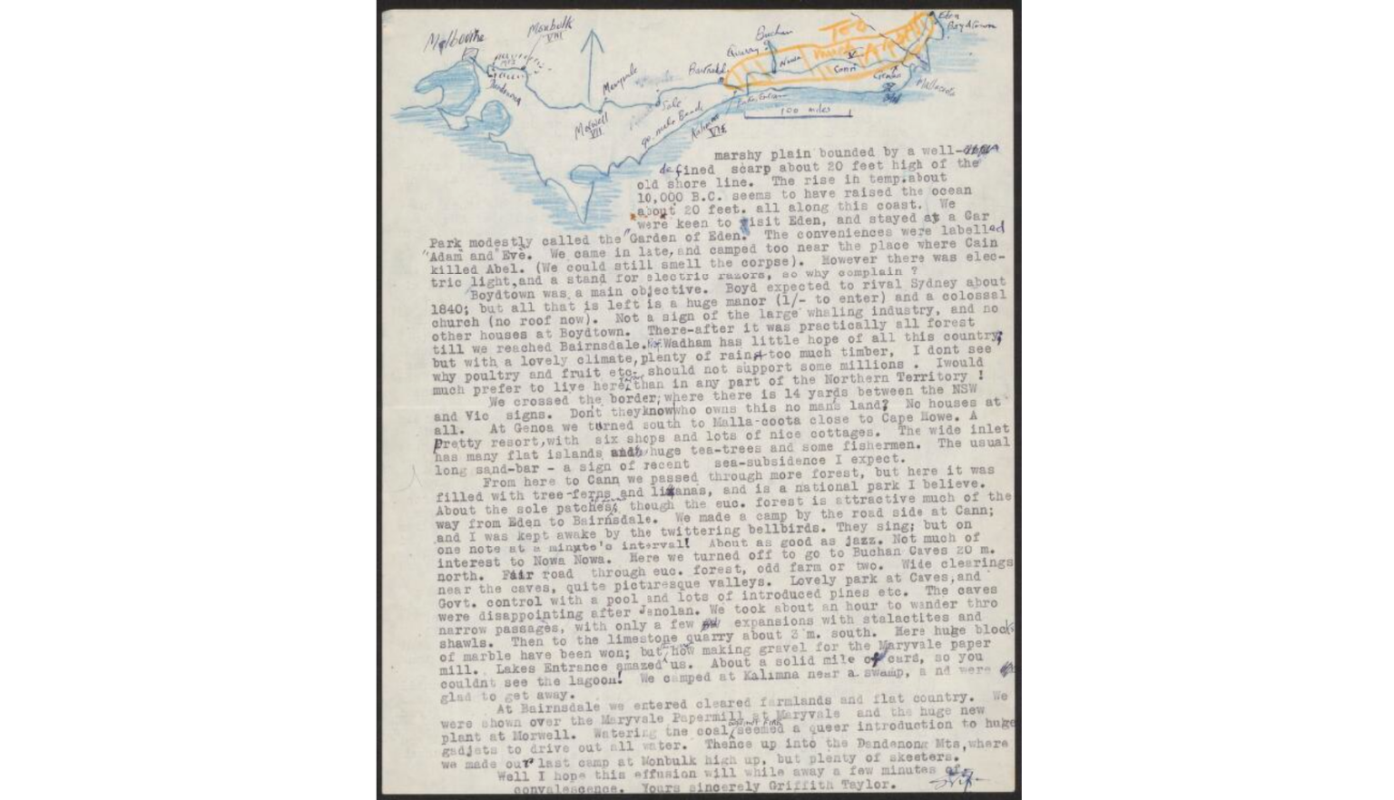 Page of typed notes with illustration of a shoreline at the top, with handwritten labels