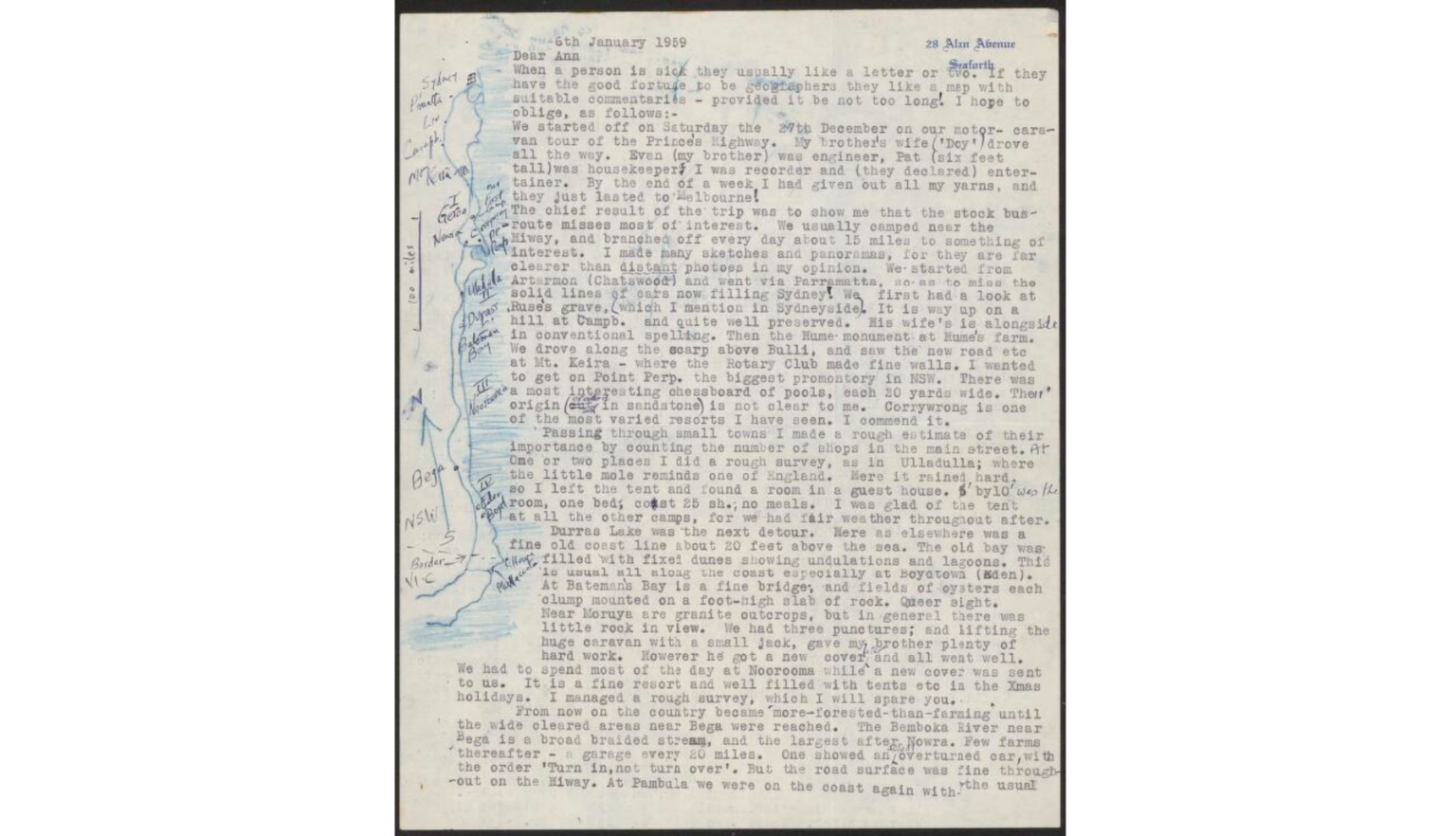 Page of typed notes with illustration of a shoreline on the left-hand border, with handwritten labels