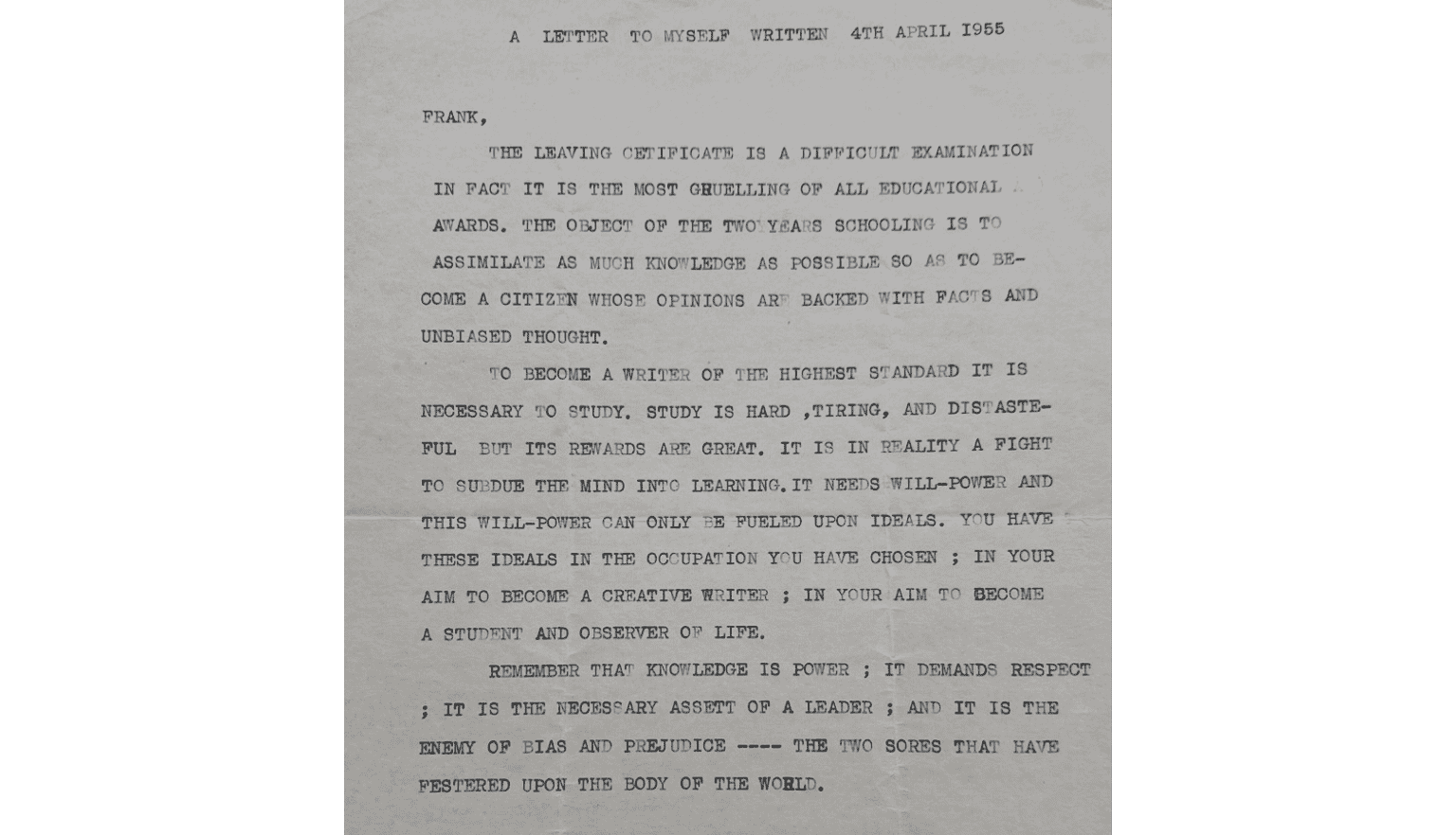Page of a letter written by a typewriter