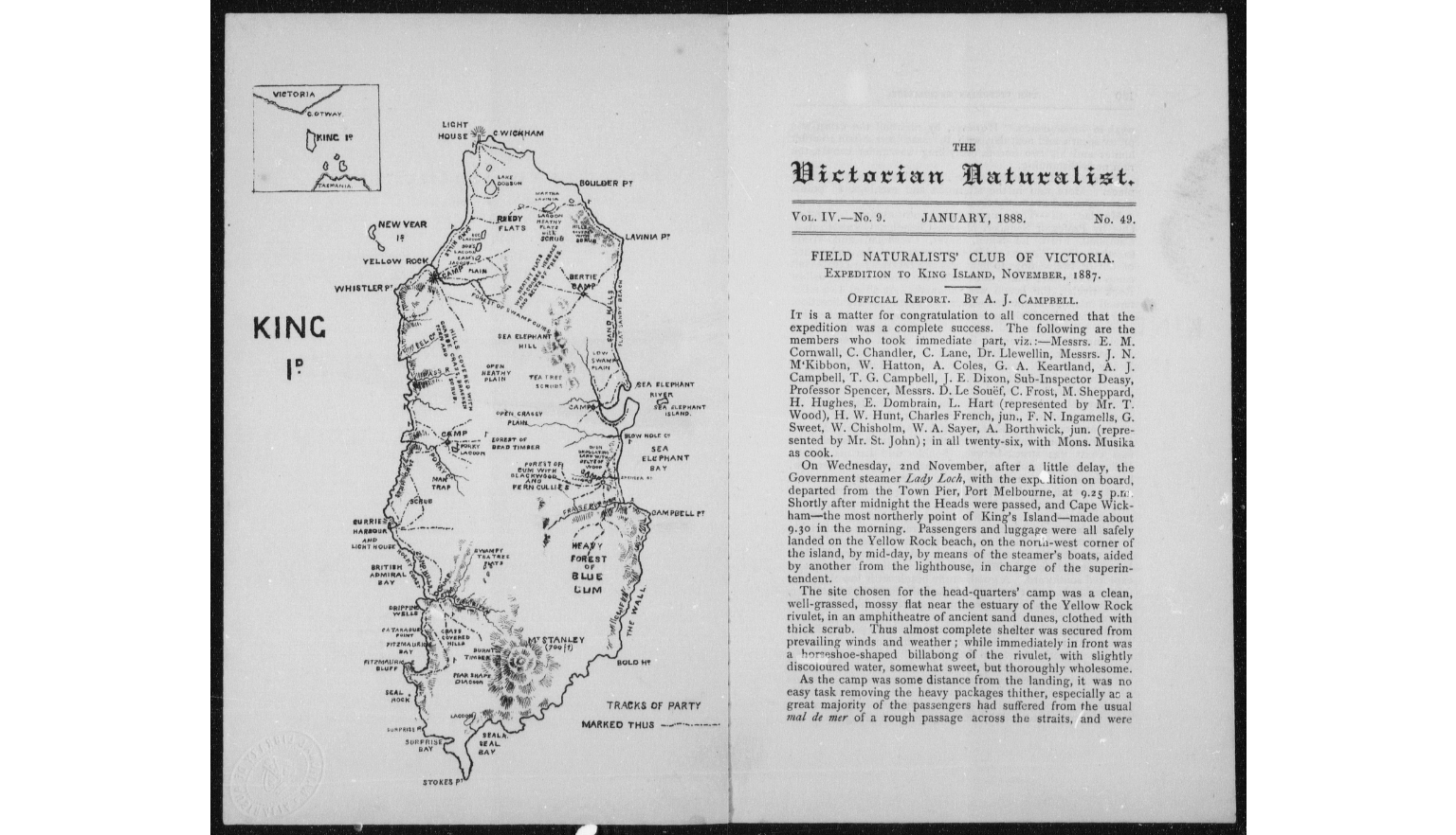 An image of an open book with a black and white map of King Island, Tasmania.