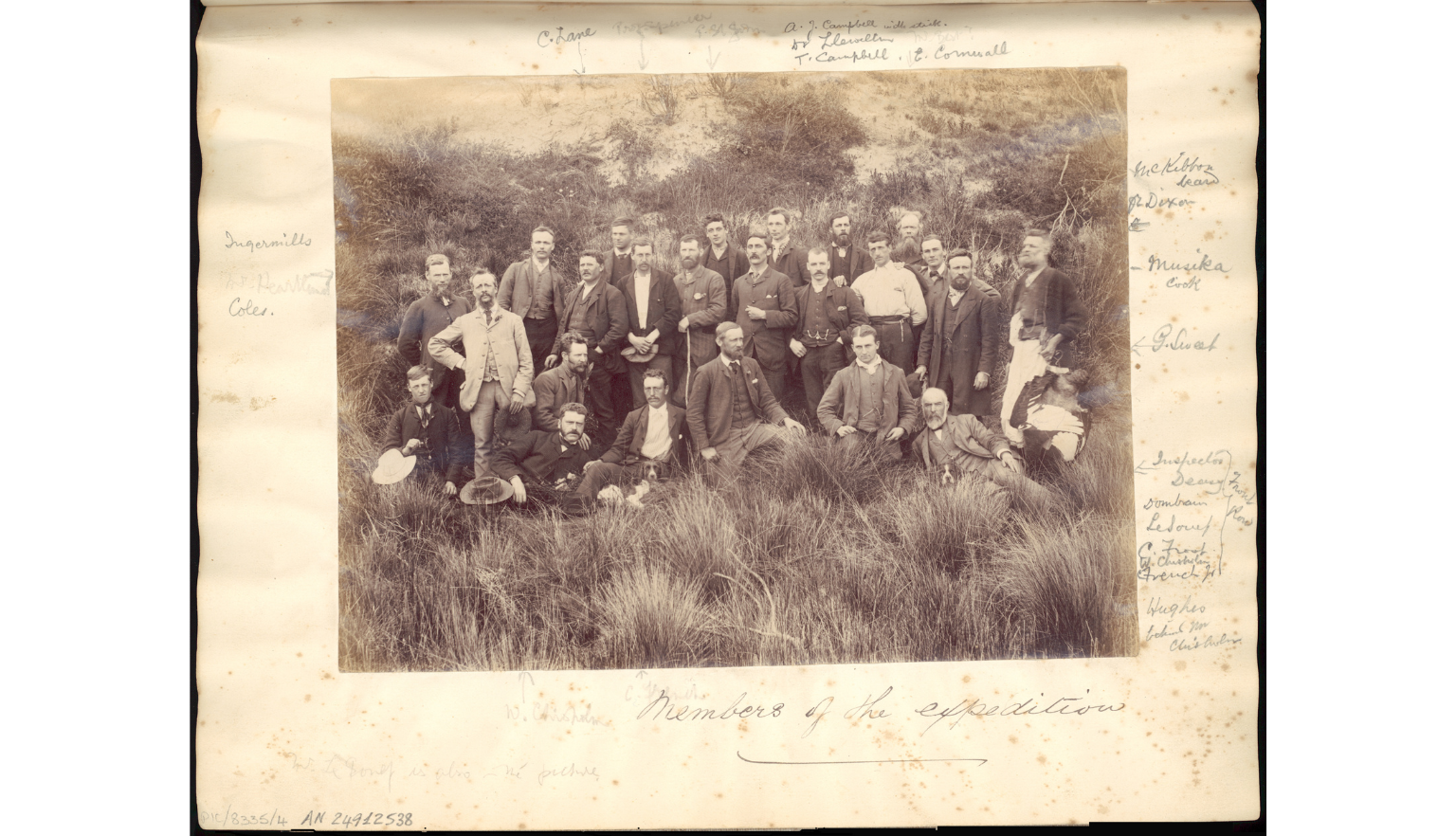 Sepia photographs of the expedition group from 1887, all men.