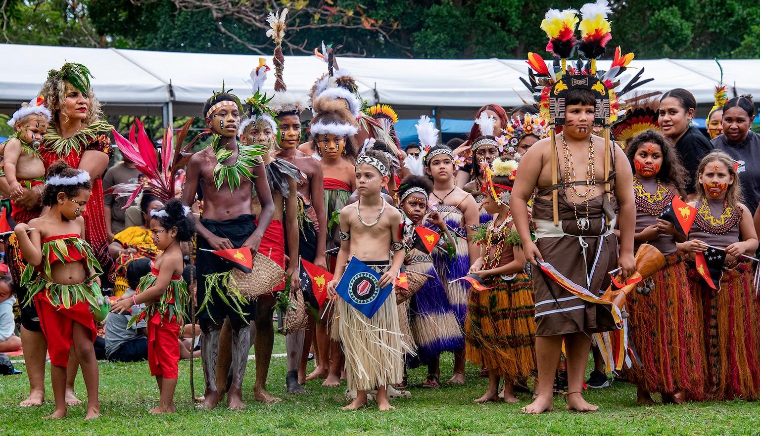 Dancers of various ages in cultural dress for 50th Anniversary of Papua New Guinea’s Independence celebrations