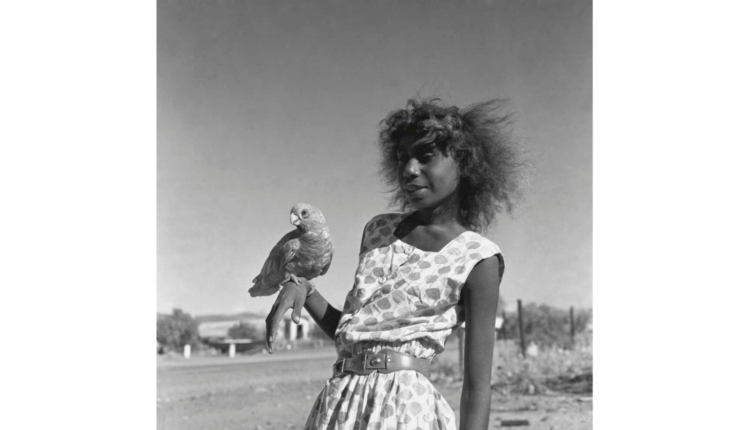 A young girl with curly hair stands outdoors, wearing a patterned dress and a belt, holding a parrot on her outstretched hand. The image is in black and white, with a plain sky and sparse background.