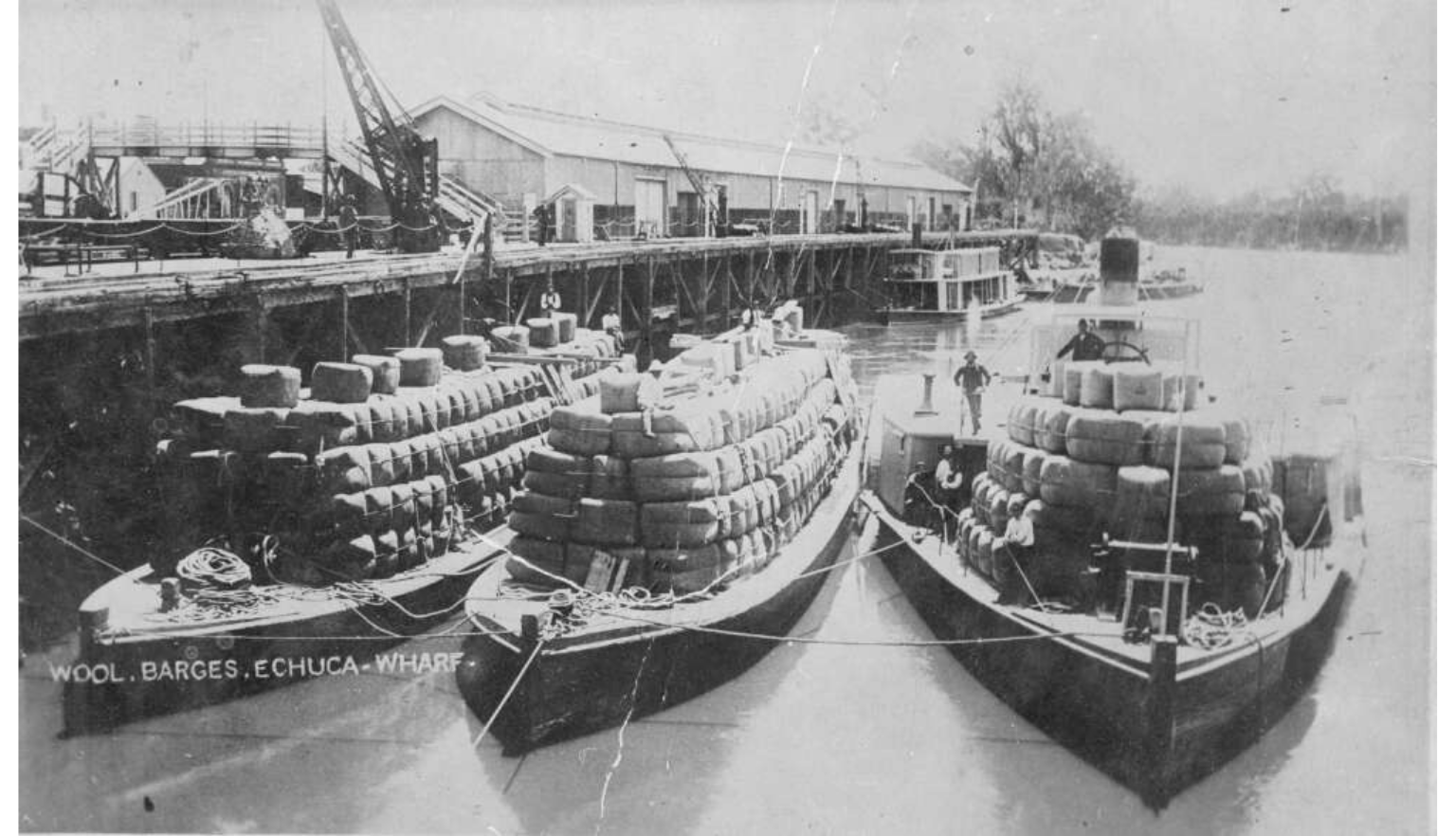 Wool-laden barges moored at Echuca wharf alongside paddle steamers and riverside warehouses.