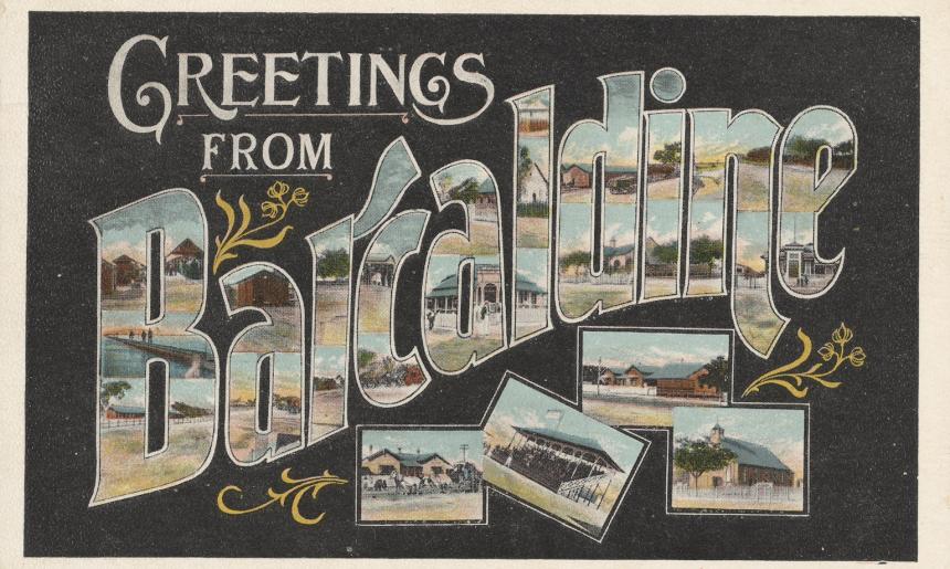 Text reading 'Greetings from Barcaldine' with illustrations from around the town