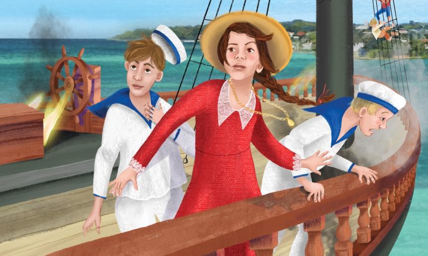 A section of the cover of the book 'Marion and the Forty Thieves' showing some of the characters on a boat.