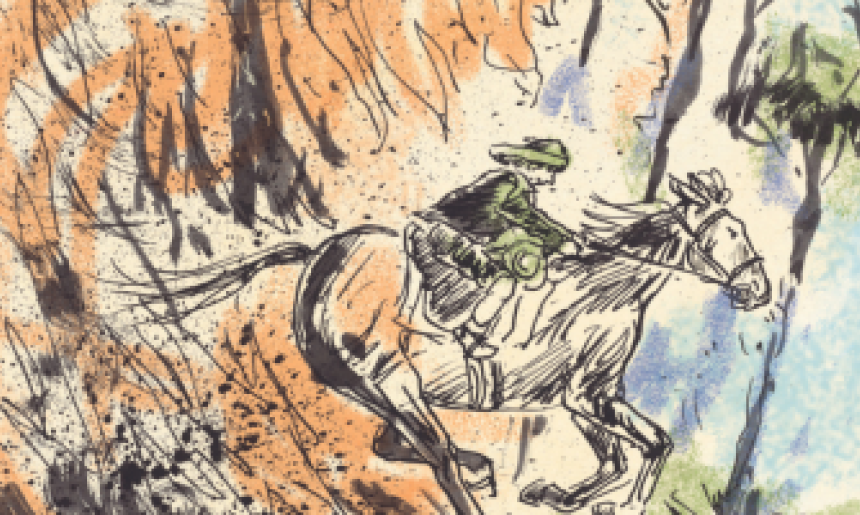 Sketch of boy riding a horse through a forrest fire, with black ink and messy colouring
