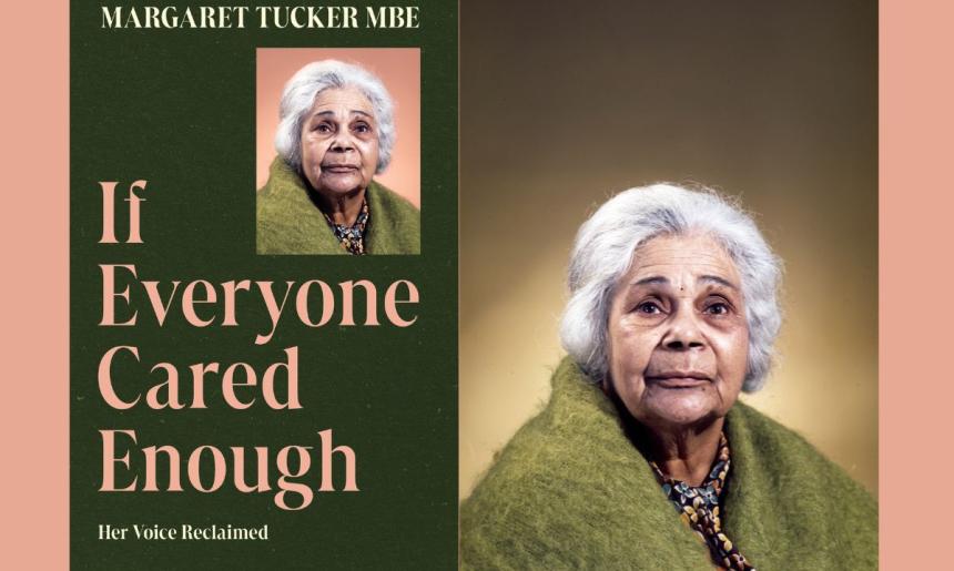 Two images side by side. The image on the left is the front cover of the book 'If Everyone Cared Enough', and the image on the right is a portrait of an elderly Aboriginal women in a green shawl.