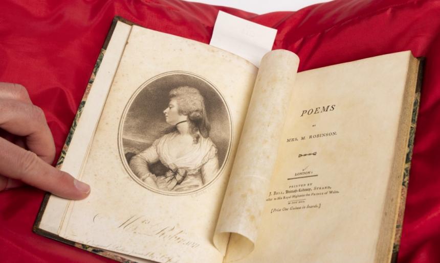 Image of the title page and portrait frontispiece of NLA RB CLI 2050 with portrait frontispiece an image of a woman in profile with a prominent 18th-century wig.