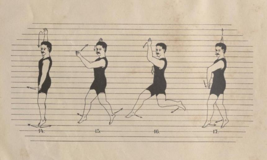 Four illustrations of a man demonstrating the different stages of executing a swimming stroke.