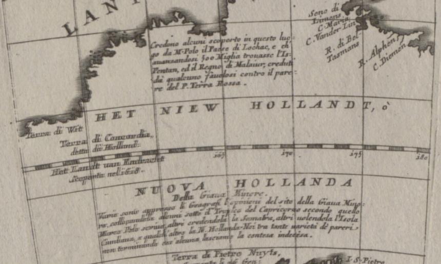 A black and white map showing Australia, then called New Holland, in the late 1600s.