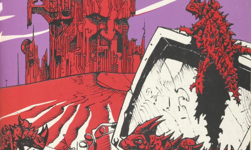 In the foreground, spiky lizards climbing a broken computer, and in the background a large imposing red structure in front of a pink sky