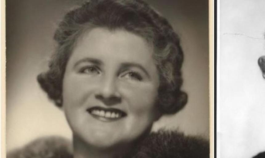 Two portrait photographs side by side. The one on the left is a sepia toned image of a woman with a 1950s hairstyle and a fur around her neck The one on the right is a black and white image of a woman with a 1950 hairstyle wearing a dark velvet-looking dress.