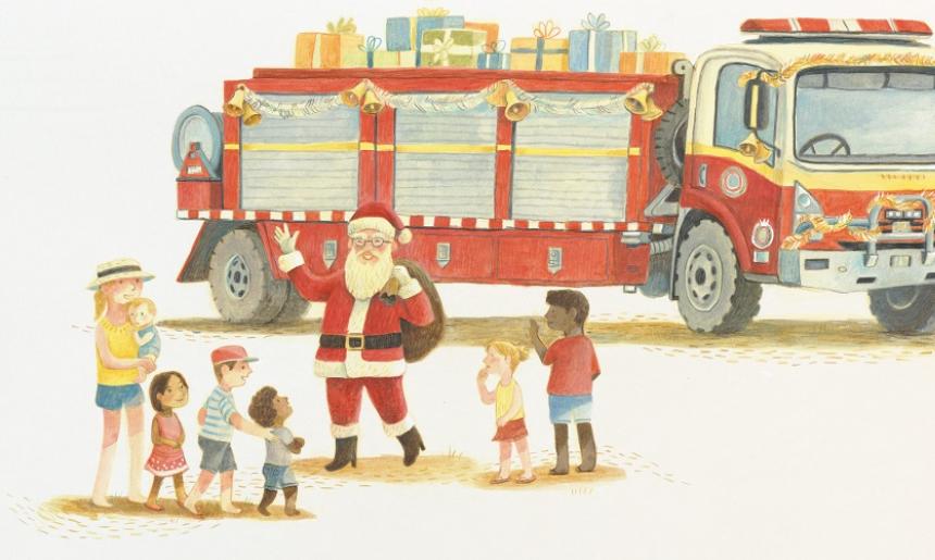 An illustration of a fire truck loaded up with presents and decorated with tinsel. Santa is standing next to the fire truck, carrying a sack. He is greeting several children and adults.