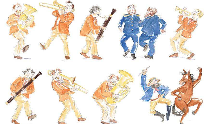 Illustrations of people and a horse playing instruments and dancing