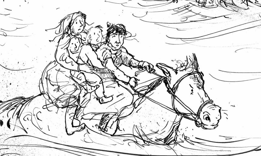An illustration from 'Amazing Grace and the Sinking Ship' of four people riding a horse through waves away from a sinking ship.