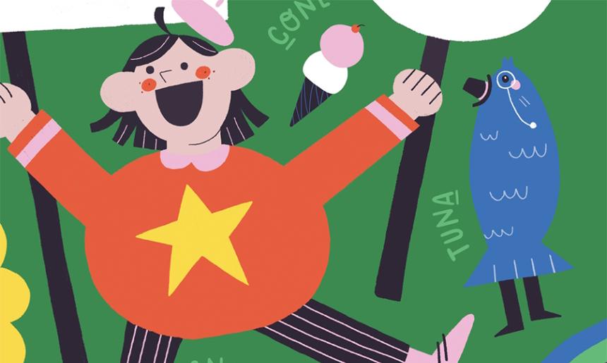 A colourful illustration of a person, an ice-cream cone and a fish with legs in a top hat.