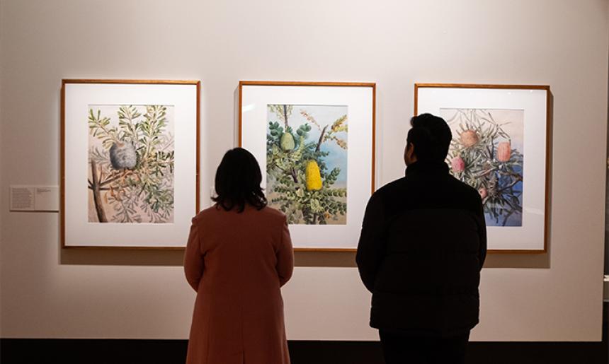 The backs of two people standing looking at 3 framed floral images on a wall.