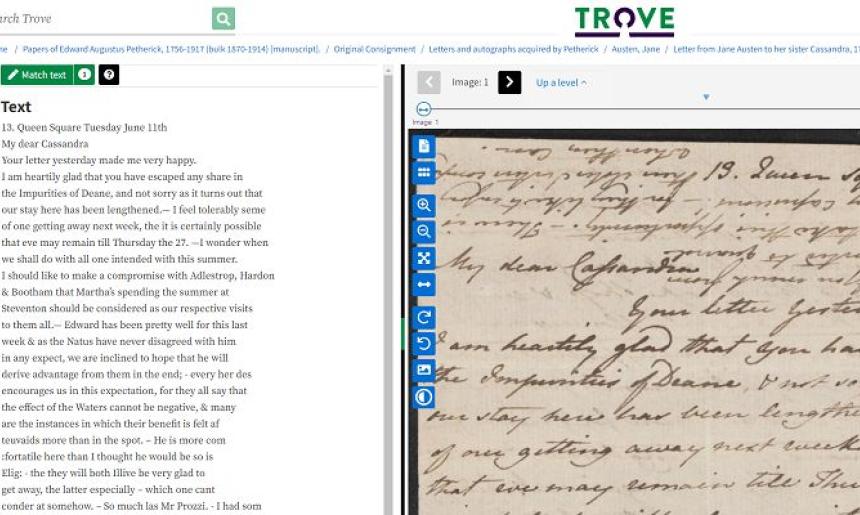 A screenshot of Jane Austen's letter to her sister Cassandra on the right-hand side of the screen. The handwritten text correction panel is showing on the left-hand side.