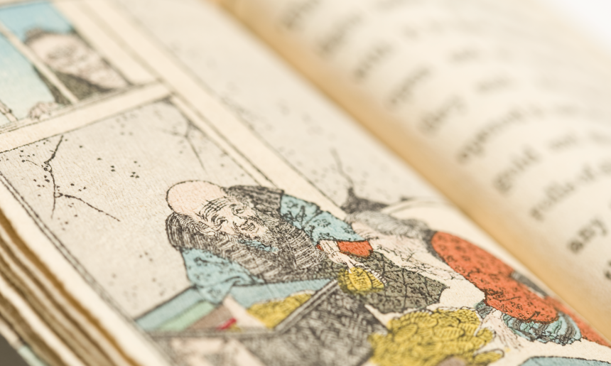 Close up of an illustrated book of Japanese fairytales
